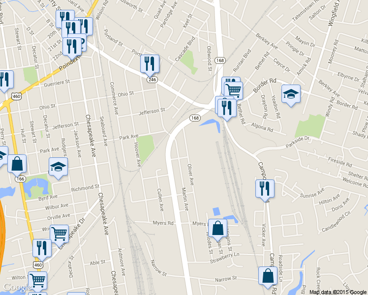 map of restaurants, bars, coffee shops, grocery stores, and more near 1416 Oliver Avenue in Chesapeake