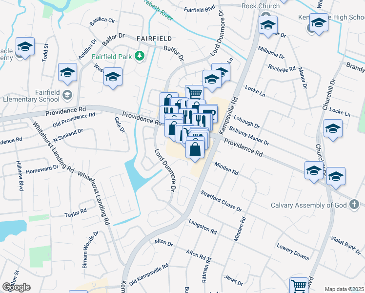 map of restaurants, bars, coffee shops, grocery stores, and more near 963a Providence Square Shopping Center in Virginia Beach