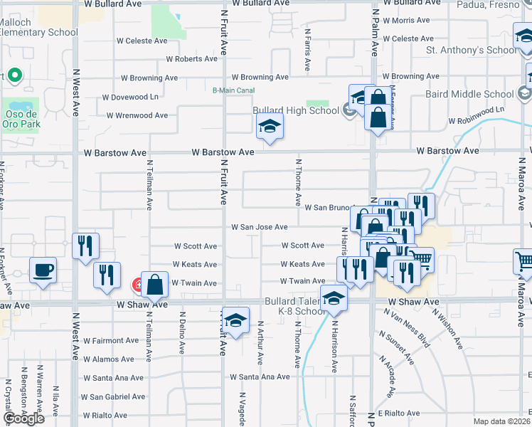map of restaurants, bars, coffee shops, grocery stores, and more near 1314 West San Bruno Avenue in Fresno