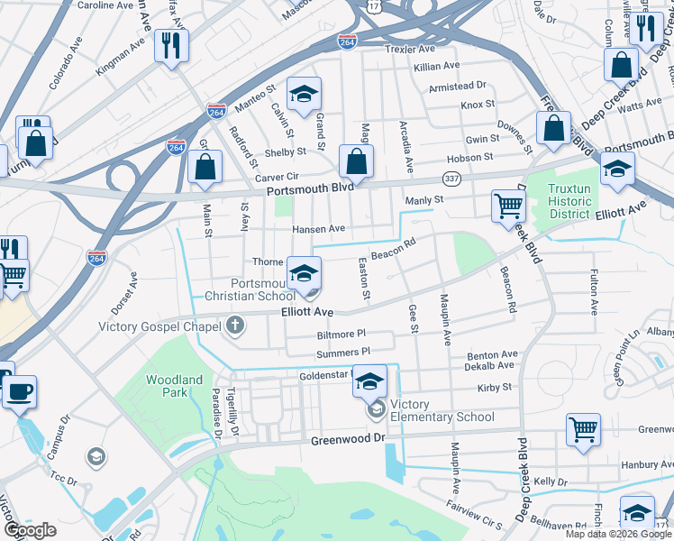 map of restaurants, bars, coffee shops, grocery stores, and more near 513 Beacon Road in Portsmouth