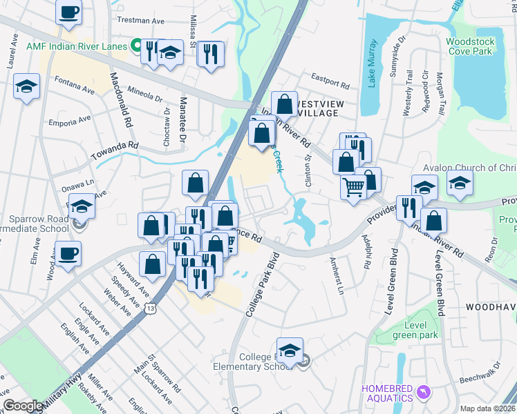 map of restaurants, bars, coffee shops, grocery stores, and more near 6324 Rockbrook Lane in Virginia Beach
