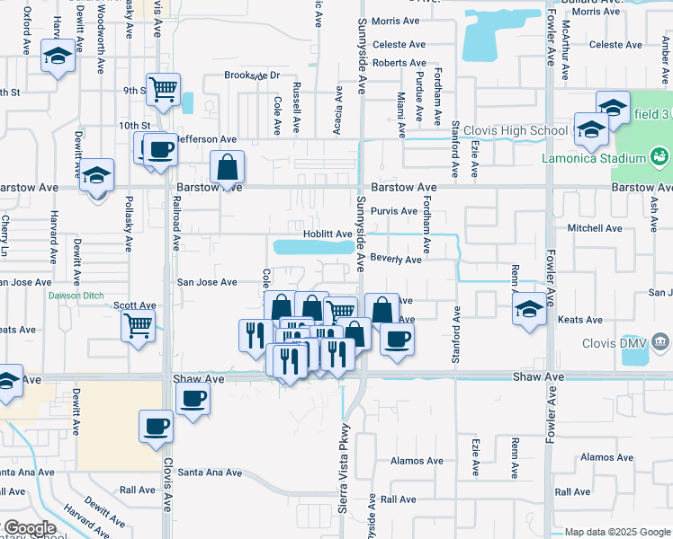 map of restaurants, bars, coffee shops, grocery stores, and more near 1301 Scott Avenue in Clovis