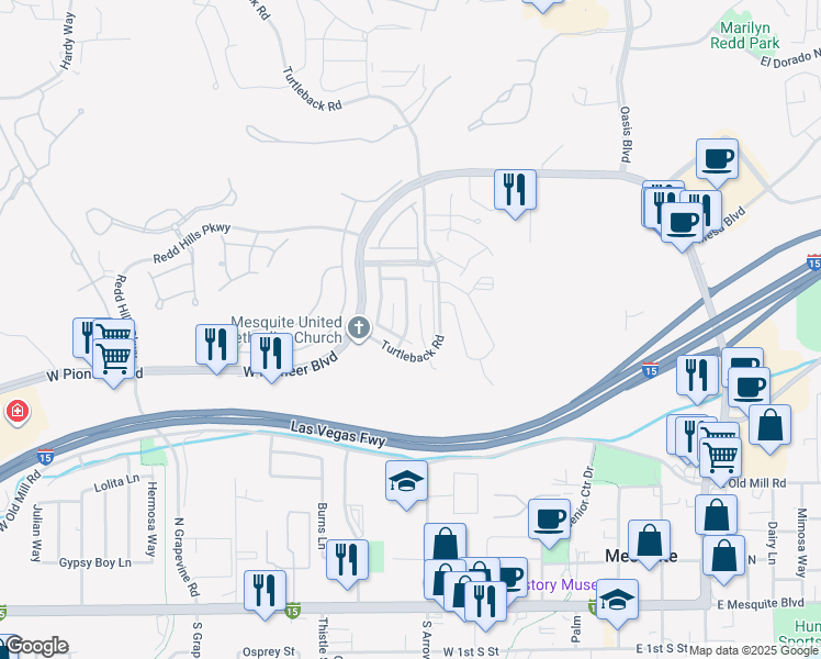 map of restaurants, bars, coffee shops, grocery stores, and more near 436 Canyon View Way in Mesquite