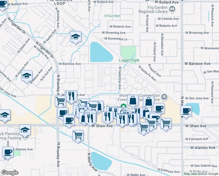 map of restaurants, bars, coffee shops, grocery stores, and more near 5323 North Valentine Avenue in Fresno