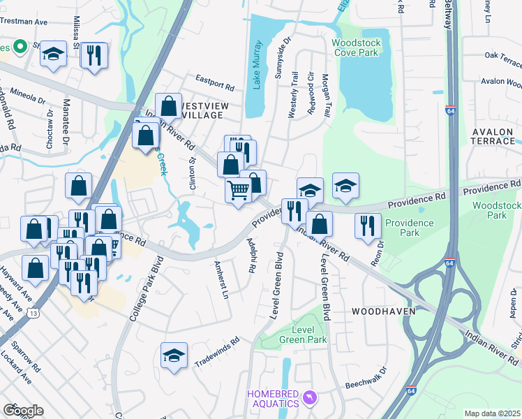 map of restaurants, bars, coffee shops, grocery stores, and more near 820 Monroe Court in Virginia Beach