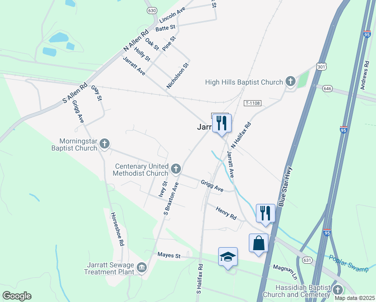 map of restaurants, bars, coffee shops, grocery stores, and more near 207 South Braxton Avenue in Jarratt