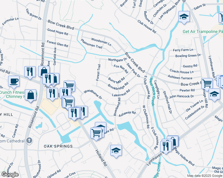 map of restaurants, bars, coffee shops, grocery stores, and more near 3300 Brookbridge Road in Virginia Beach