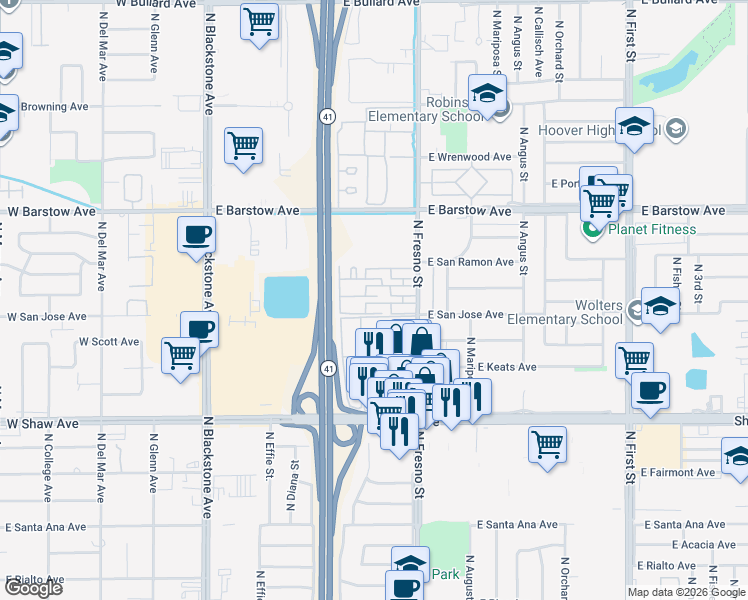 map of restaurants, bars, coffee shops, grocery stores, and more near 5231 North Fresno Street in Fresno