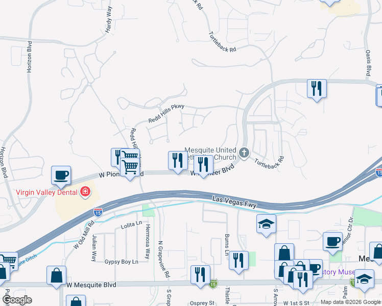 map of restaurants, bars, coffee shops, grocery stores, and more near 559 Fairways Drive in Mesquite