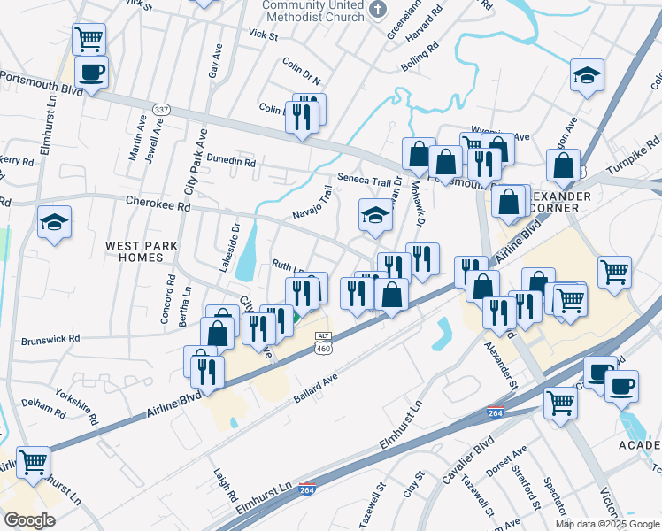 map of restaurants, bars, coffee shops, grocery stores, and more near 203 Mohican Drive in Portsmouth