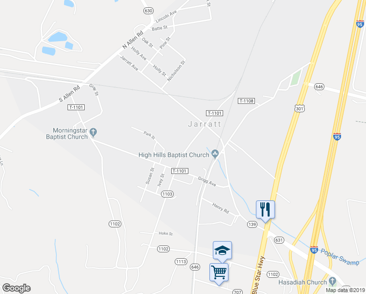map of restaurants, bars, coffee shops, grocery stores, and more near 207 South Braxton Avenue in Jarratt