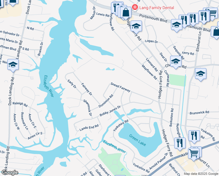 map of restaurants, bars, coffee shops, grocery stores, and more near 303 Snead Fairway in Portsmouth