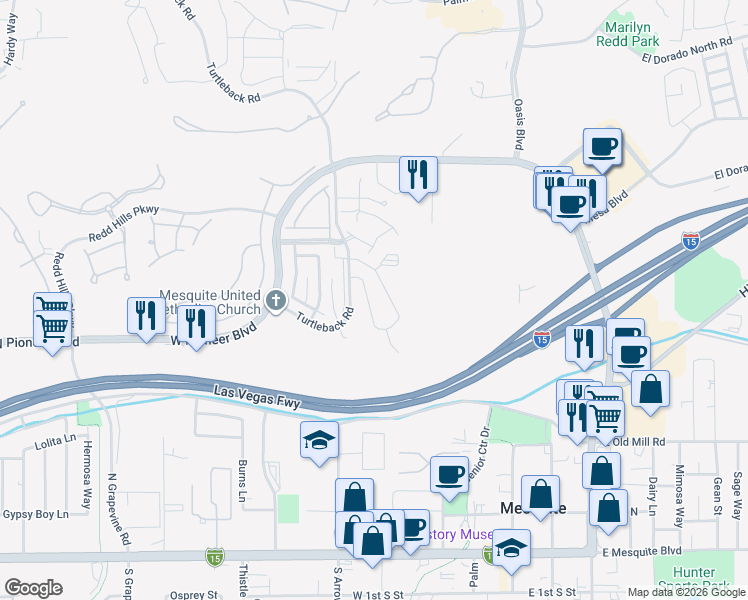 map of restaurants, bars, coffee shops, grocery stores, and more near 460 Turtleback Road in Mesquite