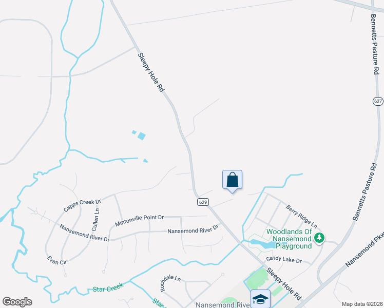 map of restaurants, bars, coffee shops, grocery stores, and more near 3532 Sleepy Hole Road in Suffolk
