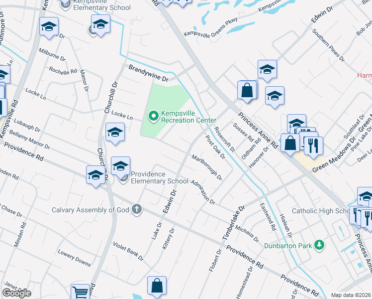 map of restaurants, bars, coffee shops, grocery stores, and more near 4761 Cranbrook Court in Virginia Beach