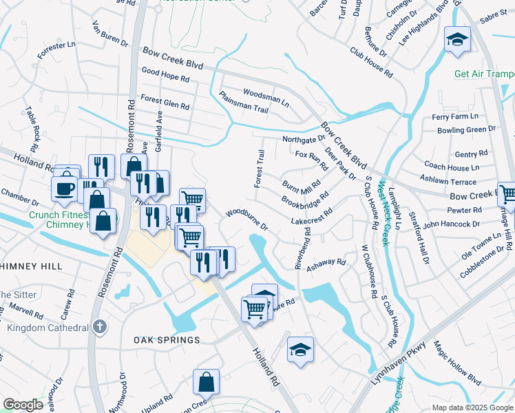 map of restaurants, bars, coffee shops, grocery stores, and more near 3385 Lakecrest Road in Virginia Beach