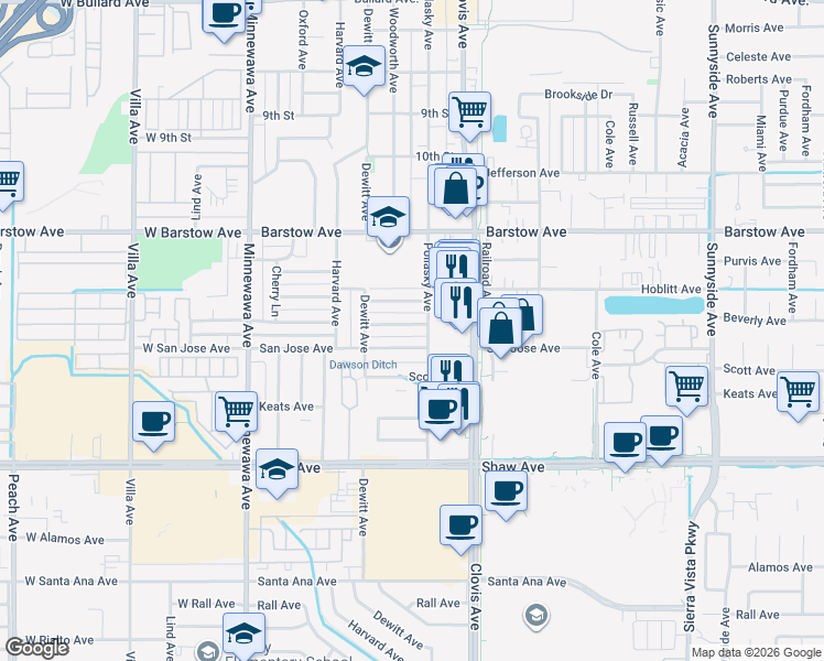map of restaurants, bars, coffee shops, grocery stores, and more near 519 Beverly Drive in Clovis