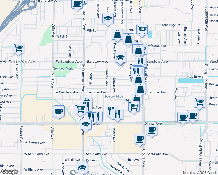 map of restaurants, bars, coffee shops, grocery stores, and more near 235 Beverly Drive in Clovis