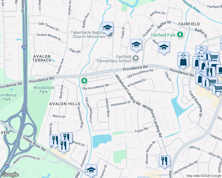 map of restaurants, bars, coffee shops, grocery stores, and more near 5517 Old Providence Road in Virginia Beach