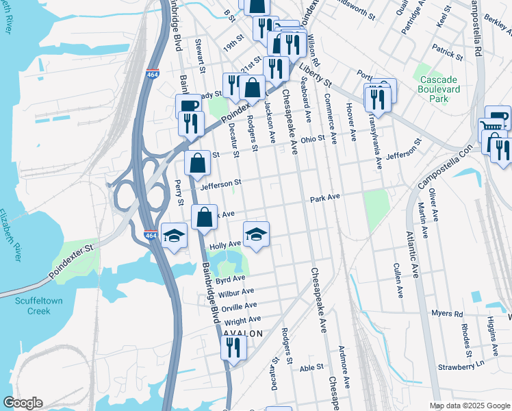 map of restaurants, bars, coffee shops, grocery stores, and more near 1331 Decatur Street in Chesapeake