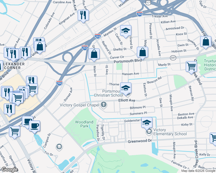map of restaurants, bars, coffee shops, grocery stores, and more near 210 Ivey Street in Portsmouth