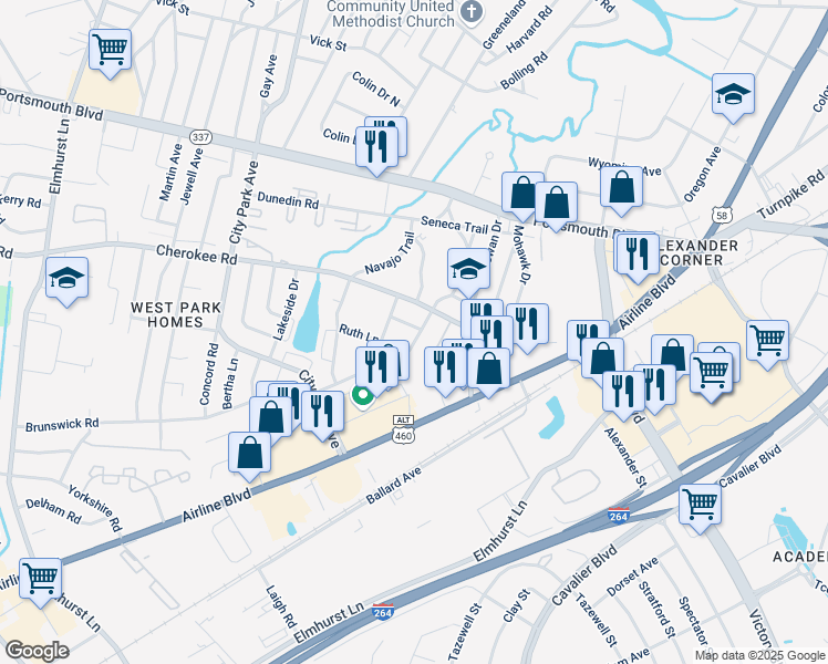 map of restaurants, bars, coffee shops, grocery stores, and more near 203 Mohican Drive in Portsmouth