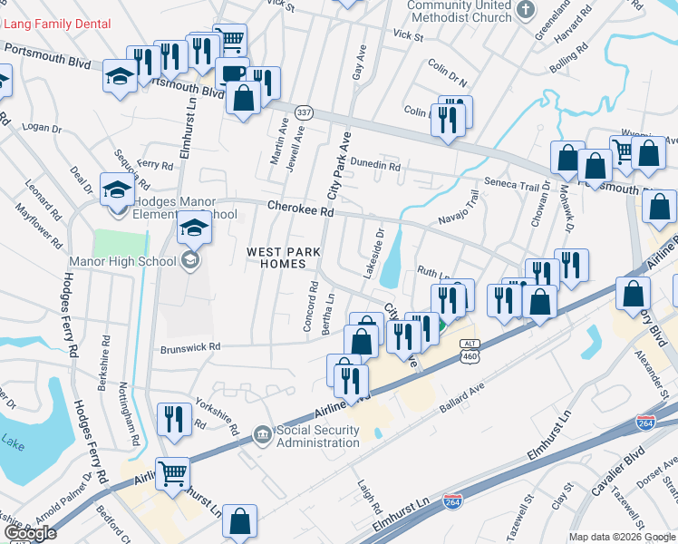 map of restaurants, bars, coffee shops, grocery stores, and more near 1516 Blanche Drive in Portsmouth