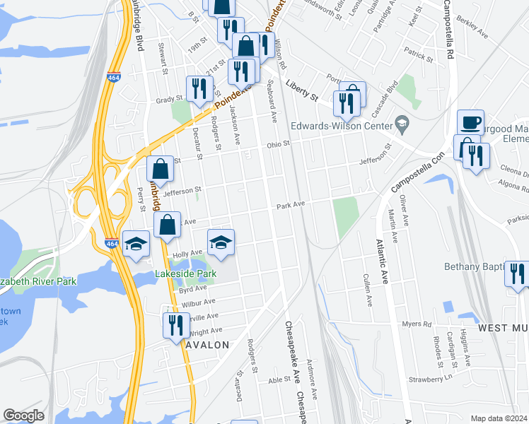 map of restaurants, bars, coffee shops, grocery stores, and more near 1400 Chesapeake Avenue in Chesapeake