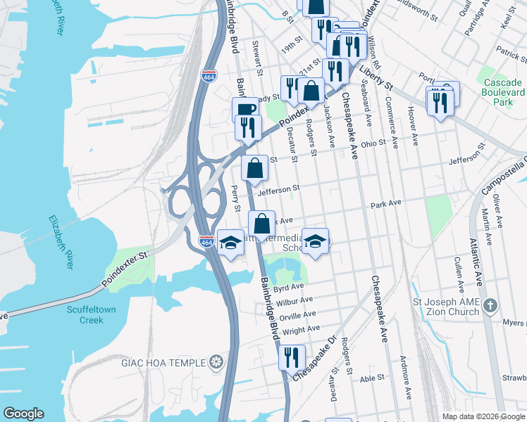 map of restaurants, bars, coffee shops, grocery stores, and more near 1315 Bainbridge Boulevard in Chesapeake
