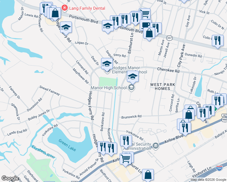 map of restaurants, bars, coffee shops, grocery stores, and more near 212 Tudor Road in Portsmouth