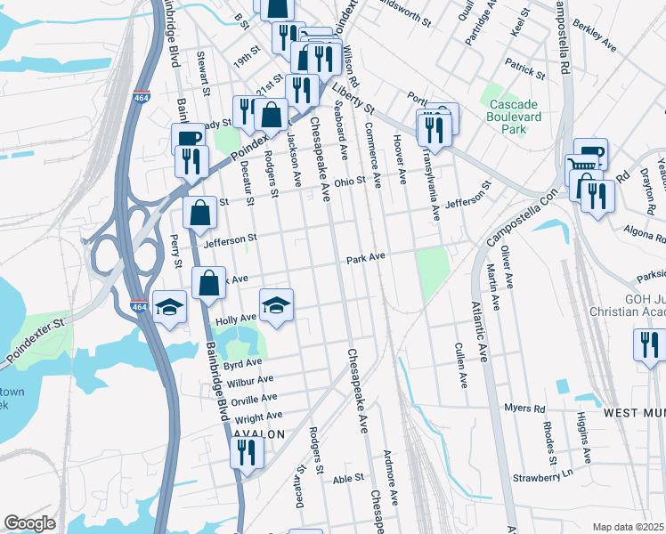 map of restaurants, bars, coffee shops, grocery stores, and more near 1400 Chesapeake Avenue in Chesapeake