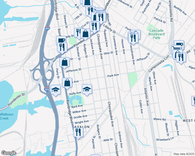 map of restaurants, bars, coffee shops, grocery stores, and more near 1301 Park Avenue in Chesapeake