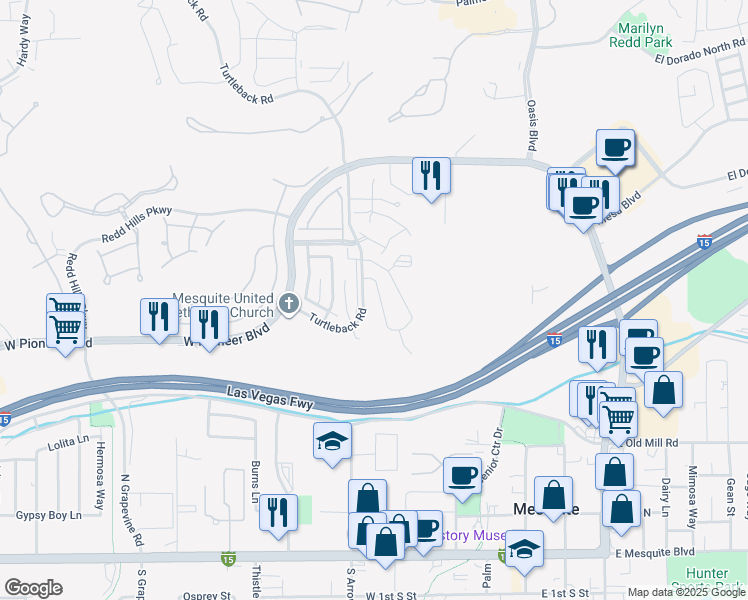 map of restaurants, bars, coffee shops, grocery stores, and more near 470 Turtleback Road in Mesquite