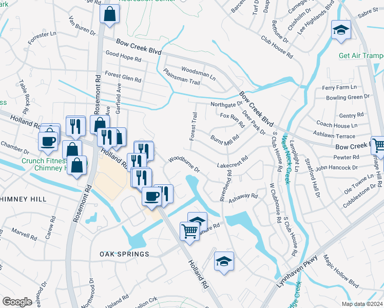map of restaurants, bars, coffee shops, grocery stores, and more near 3385 Lakecrest Road in Virginia Beach