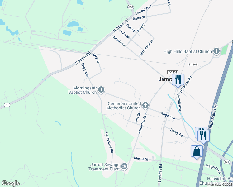 map of restaurants, bars, coffee shops, grocery stores, and more near 222 Grigg Avenue in Jarratt
