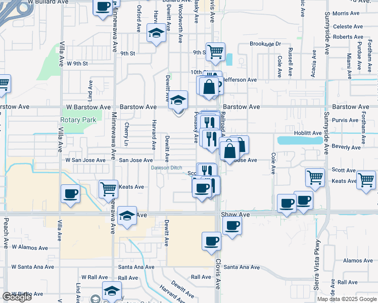 map of restaurants, bars, coffee shops, grocery stores, and more near 519 Beverly Drive in Clovis