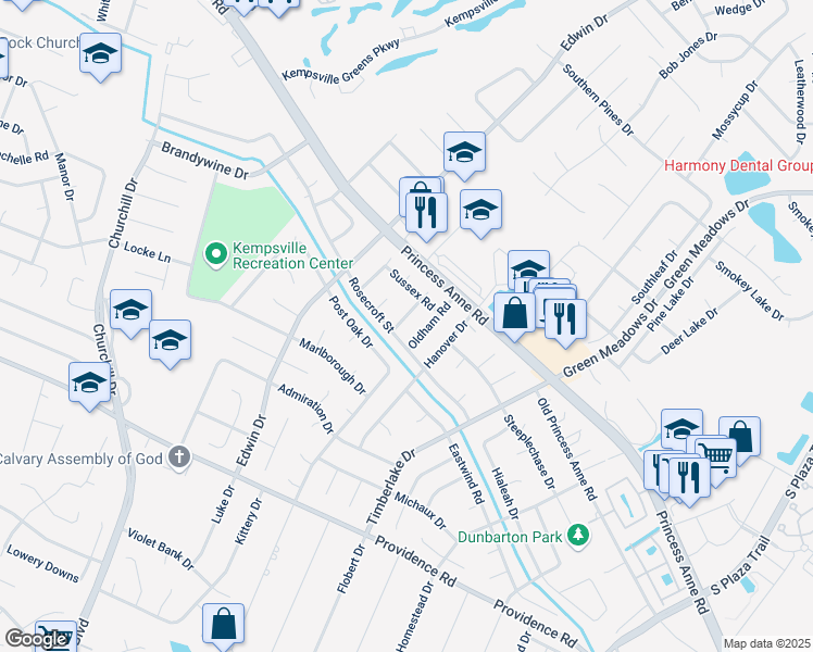 map of restaurants, bars, coffee shops, grocery stores, and more near 824 Moffat Lane in Virginia Beach