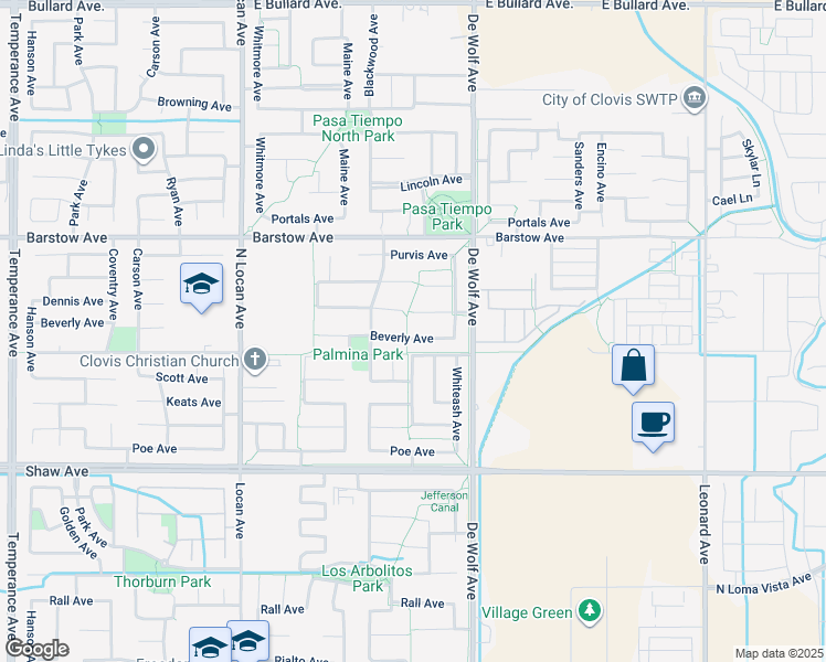 map of restaurants, bars, coffee shops, grocery stores, and more near 3309 Beverly Avenue in Clovis