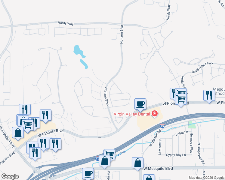 map of restaurants, bars, coffee shops, grocery stores, and more near 460 Glade Road in Mesquite