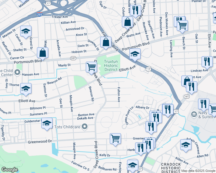 map of restaurants, bars, coffee shops, grocery stores, and more near 106 Baldwin Avenue in Portsmouth