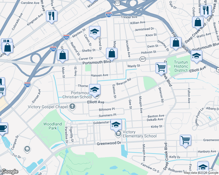 map of restaurants, bars, coffee shops, grocery stores, and more near 513 Beacon Road in Portsmouth