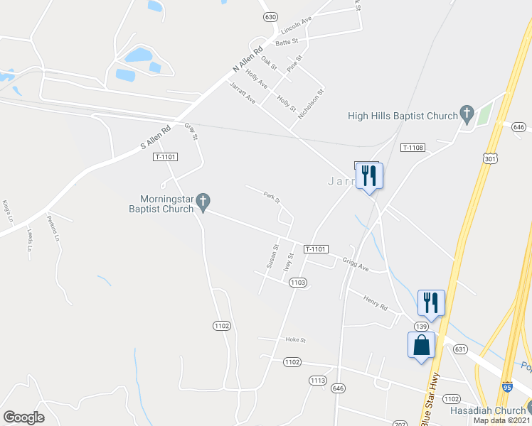 map of restaurants, bars, coffee shops, grocery stores, and more near 222 Park Street in Jarratt