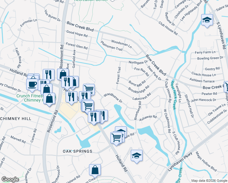 map of restaurants, bars, coffee shops, grocery stores, and more near 3397 Lakecrest Road in Virginia Beach