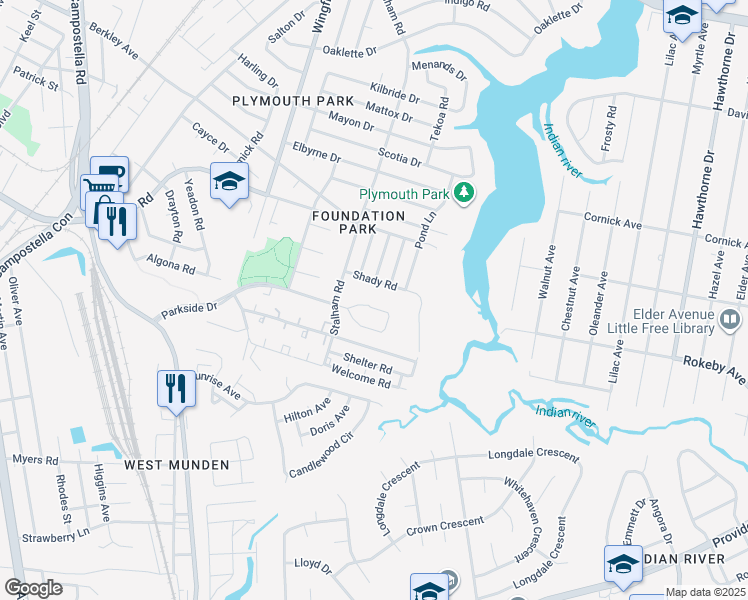 map of restaurants, bars, coffee shops, grocery stores, and more near 3008 Parkside Drive in Chesapeake