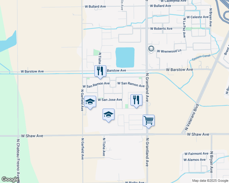 map of restaurants, bars, coffee shops, grocery stores, and more near 5366 North San Clemente Avenue in Fresno