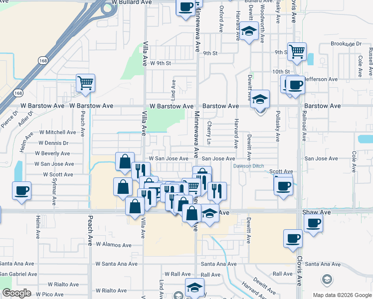 map of restaurants, bars, coffee shops, grocery stores, and more near 60 West Beverly Avenue in Clovis