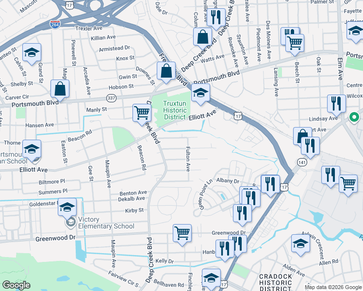 map of restaurants, bars, coffee shops, grocery stores, and more near 3506 Fulton Avenue in Portsmouth