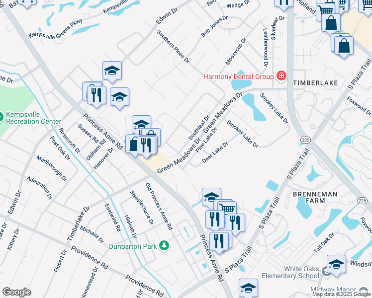 map of restaurants, bars, coffee shops, grocery stores, and more near 748 Southleaf Drive in Virginia Beach