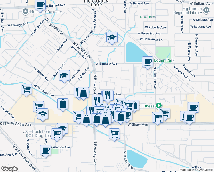map of restaurants, bars, coffee shops, grocery stores, and more near 5220 North Brawley Avenue in Fresno