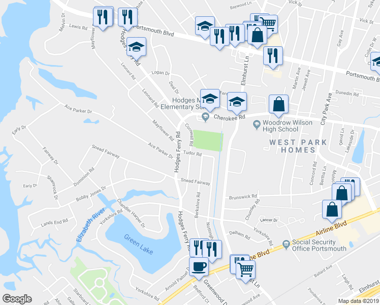 map of restaurants, bars, coffee shops, grocery stores, and more near 498 Cornwall Road in Portsmouth